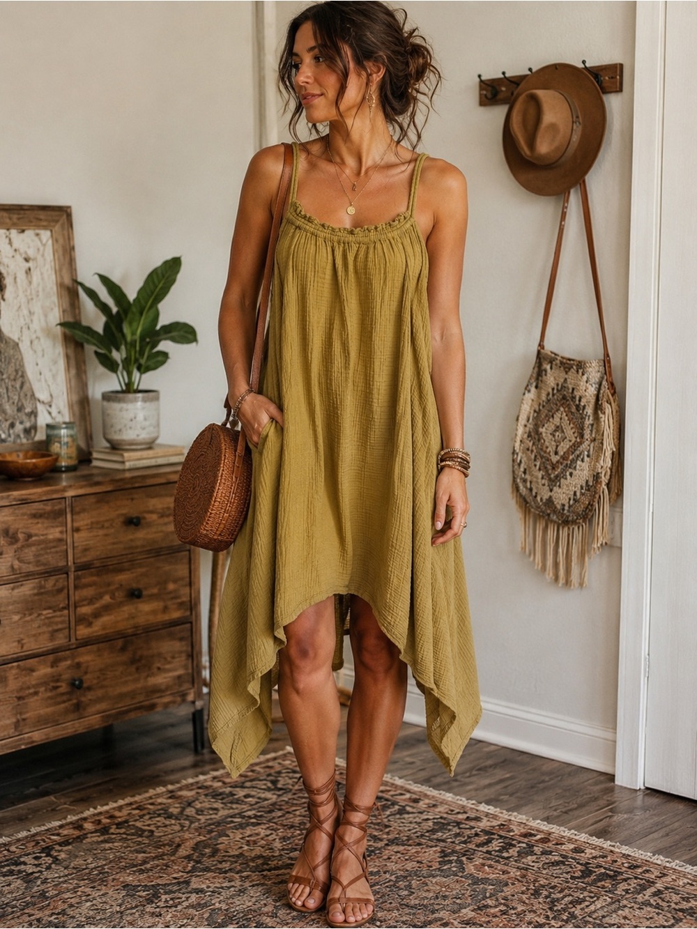 Daily practice Olive Green Asymmetrical Handkerchief Hem Sundress